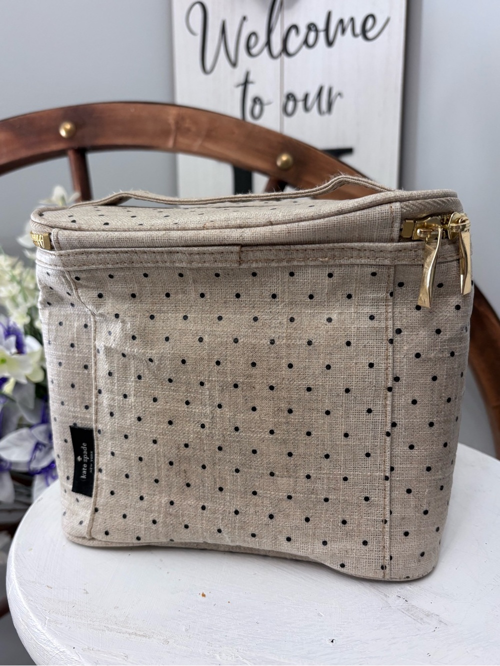 kate spade Beige Polka Dot lunch box with Gold Zipper